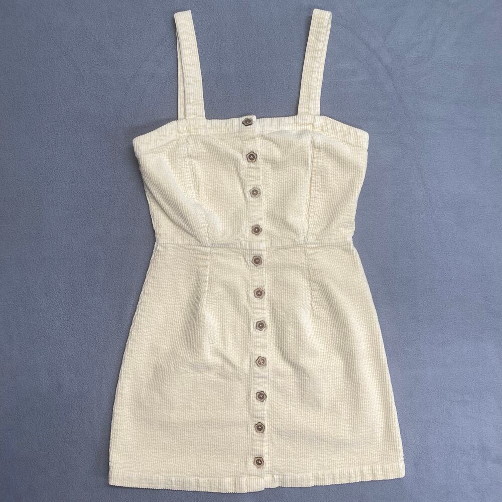 ONeill Button Front Corduroy Jumper Mini Dress Womens S Cream Square Neck Casual